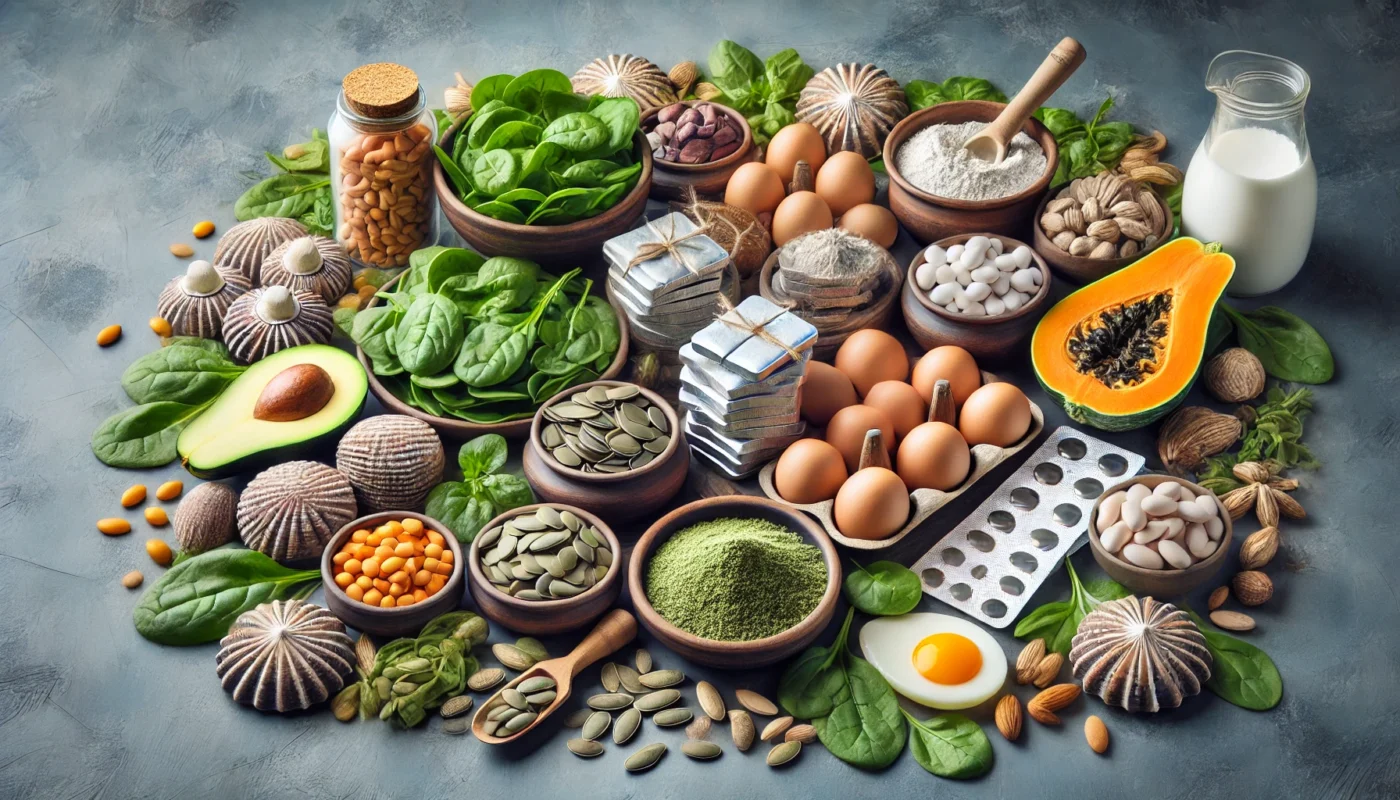 Still-Life Zinc Composition – A beautifully arranged display of natural zinc sources like spinach, pumpkin seeds, eggs, shellfish, and legumes, alongside zinc tablets and powder to highlight the importance of zinc in nutrition and wound recovery.