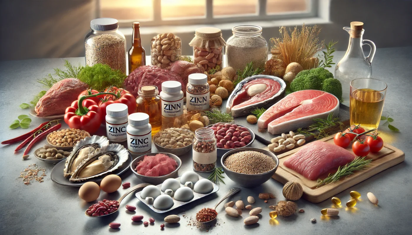 Zinc Supplement Sources – Showcasing zinc-rich foods such as oysters, red meat, poultry, beans, nuts, and whole grains, along with various zinc supplements like capsules, tablets, and powder in a modern kitchen setting.