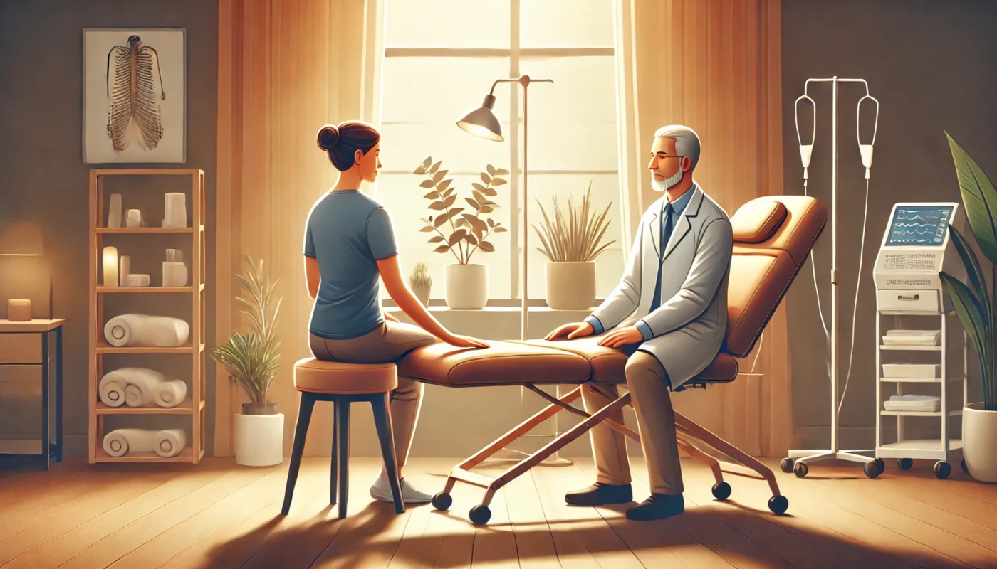 "A calming, widescreen digital illustration of a professional pain therapist in a serene therapy setting, offering care and support. The scene highlights a warm, inviting environment with soft natural light, comfortable furniture, and a tranquil atmosphere, designed to provide a sense of relaxation and well-being for pain management."