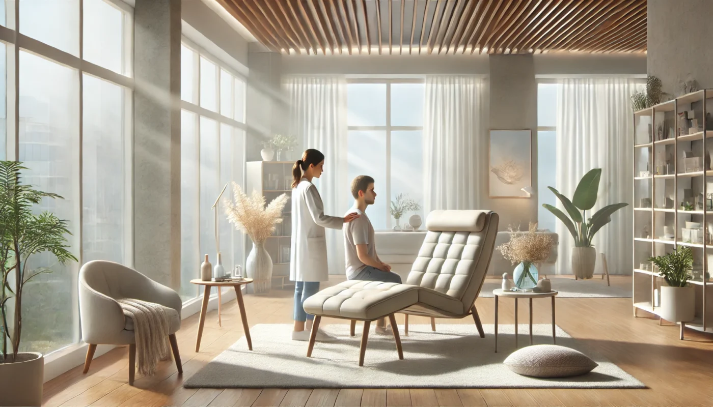  "A calming widescreen illustration of a professional pain therapist consulting with a patient in a serene, minimalist clinic with soft natural lighting, cozy chairs, and a healing-focused atmosphere."