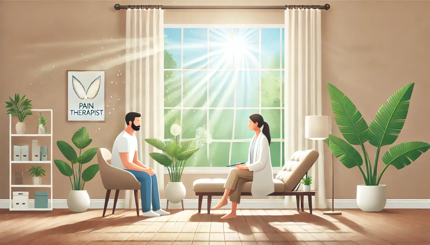 A calming, widescreen digital illustration of a serene therapy setting designed for pain management. The image features a modern, minimalist interior with a reclining therapy chair, soft ambient lighting, and nature-inspired decor, including a large potted plant and a view of tranquil greenery through a wide window. The atmosphere evokes relaxation and comfort, suitable for a "pain therapist" session focused on holistic healing.