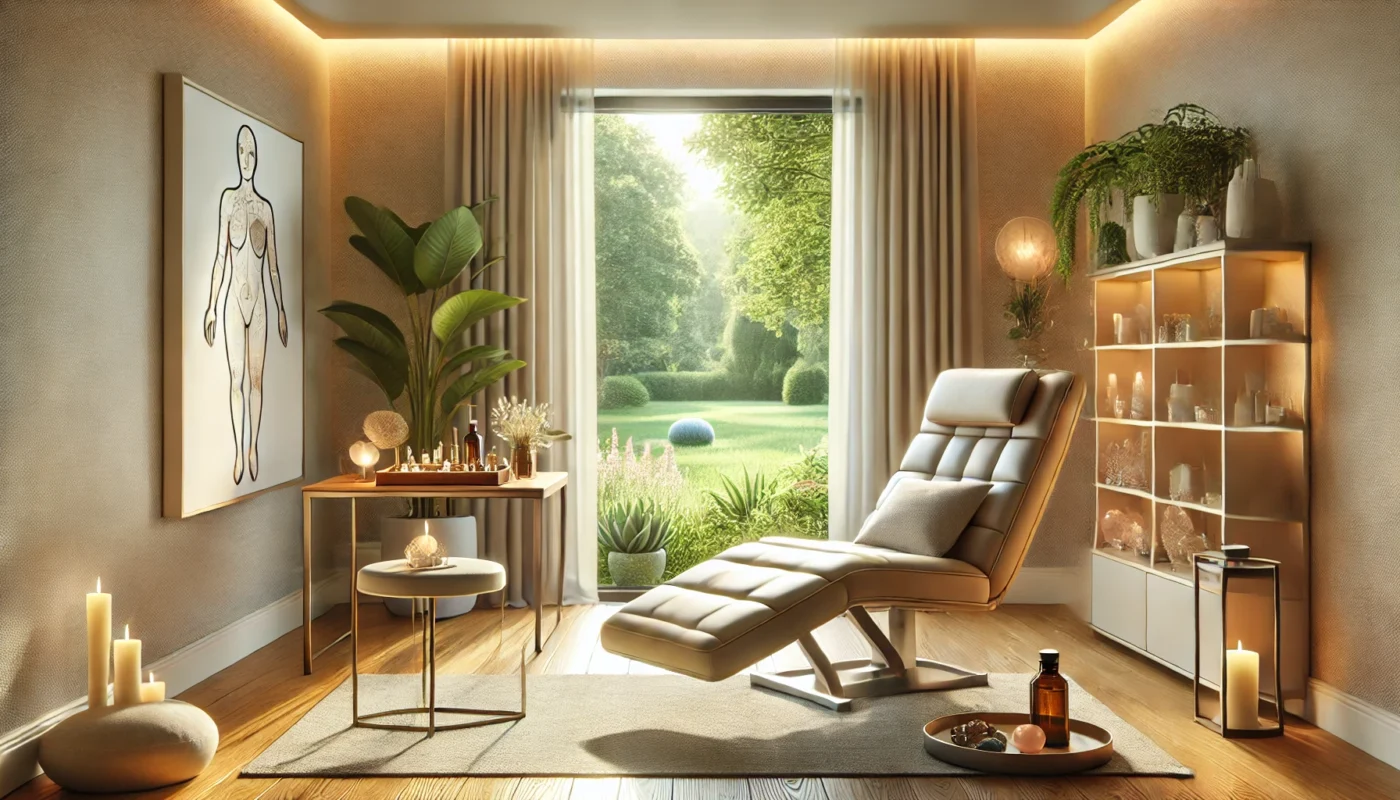 "A calming, widescreen digital illustration of a serene therapy setting for pain management. The scene features a modern and minimalist interior with a soft reclining therapy chair, a small table with essential oils and healing crystals, large windows showing a lush garden, indoor plants, and warm ambient lighting creating a peaceful atmosphere."