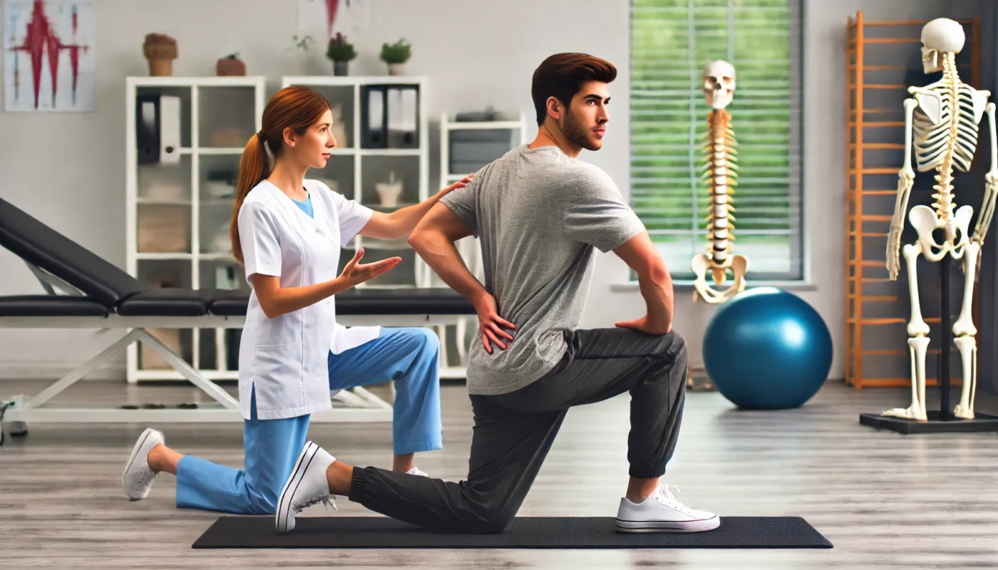 A pain therapist guiding a patient through a therapeutic stretching exercise for back pain relief in a professional physical therapy center. The well-equipped clinic features exercise equipment and therapy tools, creating an effective rehabilitation environment. The patient appears engaged and focused, following the therapist’s demonstration.