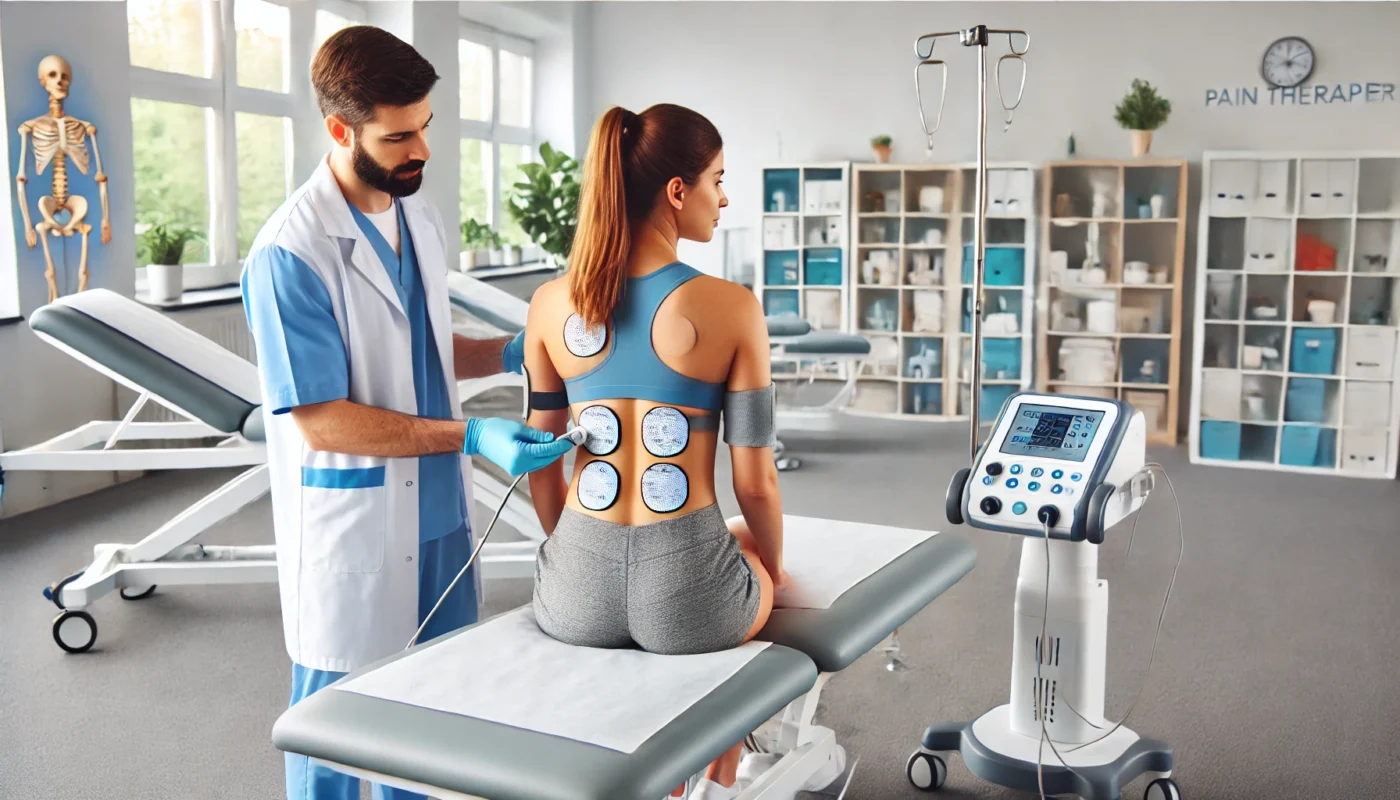 A pain therapist using a modern electrotherapy device to treat a patient’s back pain in a professional rehabilitation clinic. The therapist is applying electrode pads to the patient's lower back while explaining the procedure in a clean, well-lit setting with advanced medical equipment. The patient appears relaxed and engaged in the treatment.