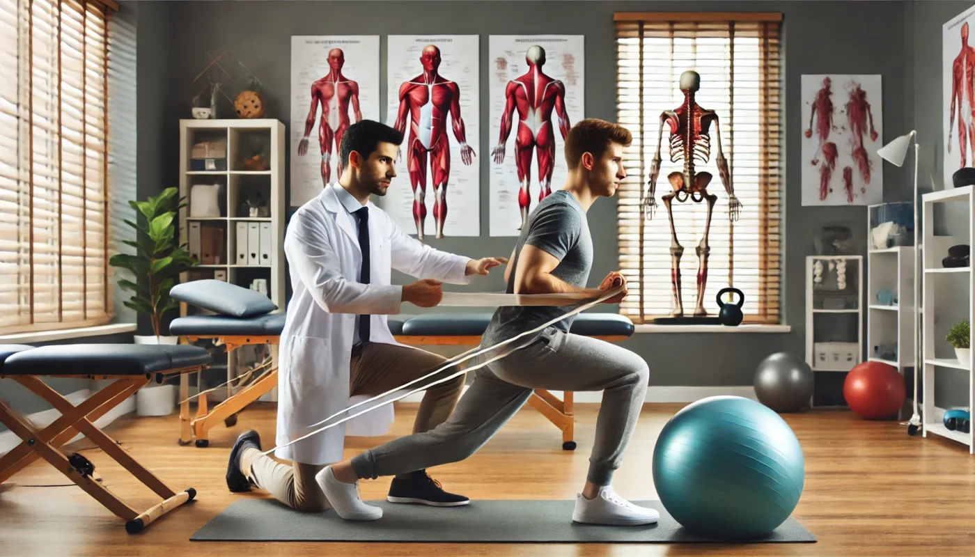 A pain therapist guiding a patient through a physical therapy session focused on strengthening exercises for back pain relief in a modern rehabilitation clinic. The therapist demonstrates a resistance band exercise while the patient follows along. The well-lit space includes therapy equipment, stability balls, and anatomical charts related to musculoskeletal health. The patient appears engaged and determined.