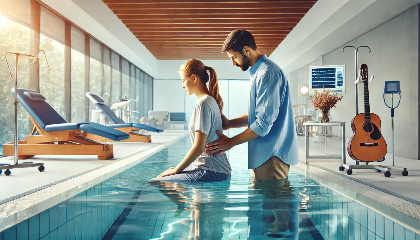 A pain therapist guiding a patient through a hydrotherapy session for back pain relief in a modern rehabilitation center. The therapist assists the patient with gentle aquatic exercises in a therapy pool. The clean, well-lit setting features warm water, therapy equipment, and a calm atmosphere. The patient appears comfortable and engaged in the session.