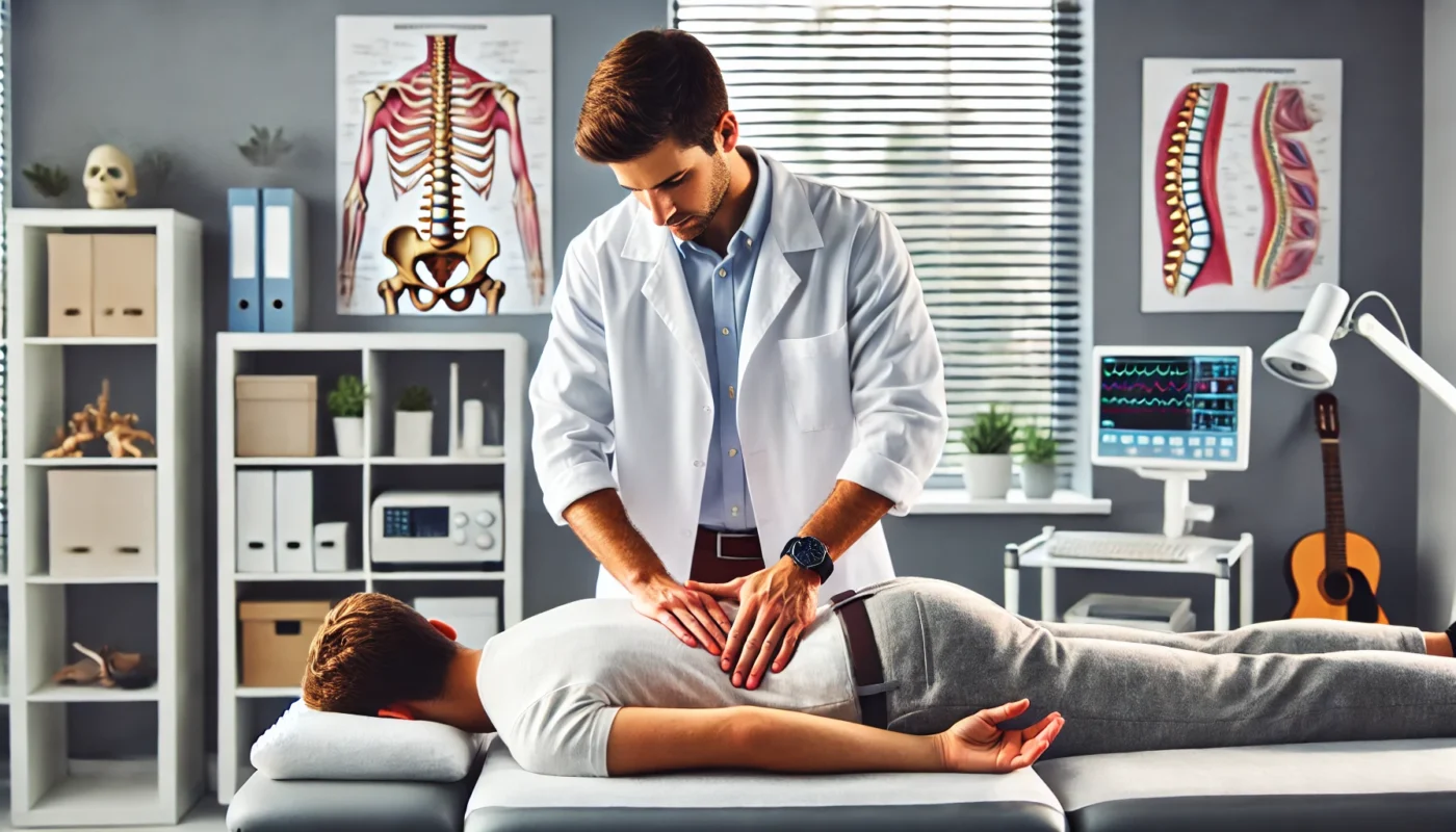 A pain therapist performing manual therapy on a patient’s lower back to relieve chronic pain in a modern rehabilitation clinic. The therapist applies precise pressure with their hands while maintaining a focused and professional demeanor. The well-lit therapy room includes treatment tables, medical equipment, and anatomical charts related to spinal health. The patient appears relaxed and engaged in the session.