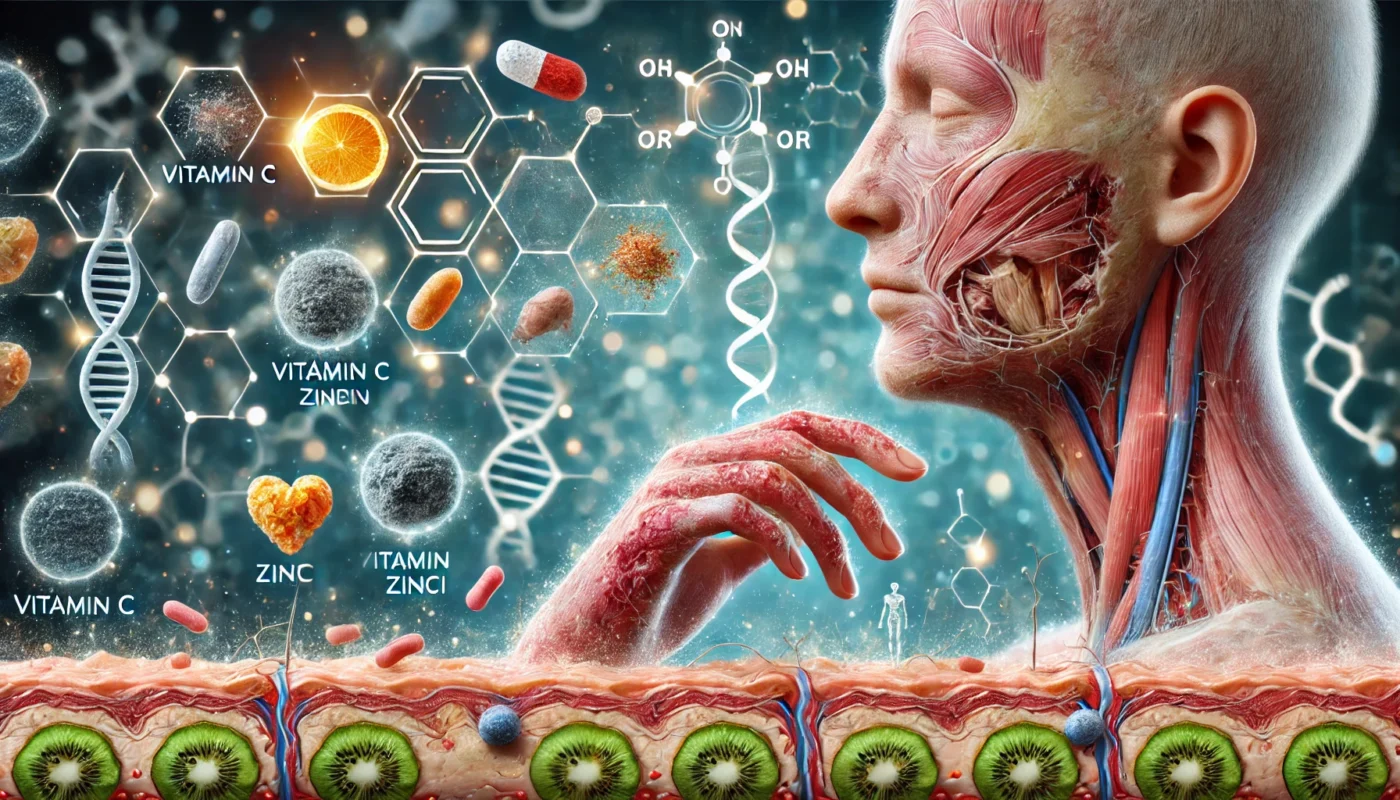 Medical-Themed Digital Illustration
ALT text: "A medical-themed digital illustration showcasing the role of essential nutrients in wound healing, featuring human skin with healing wounds in various stages and floating molecular structures of vitamin C, zinc, protein, and iron representing their role in collagen synthesis, immune function, and inflammation control."