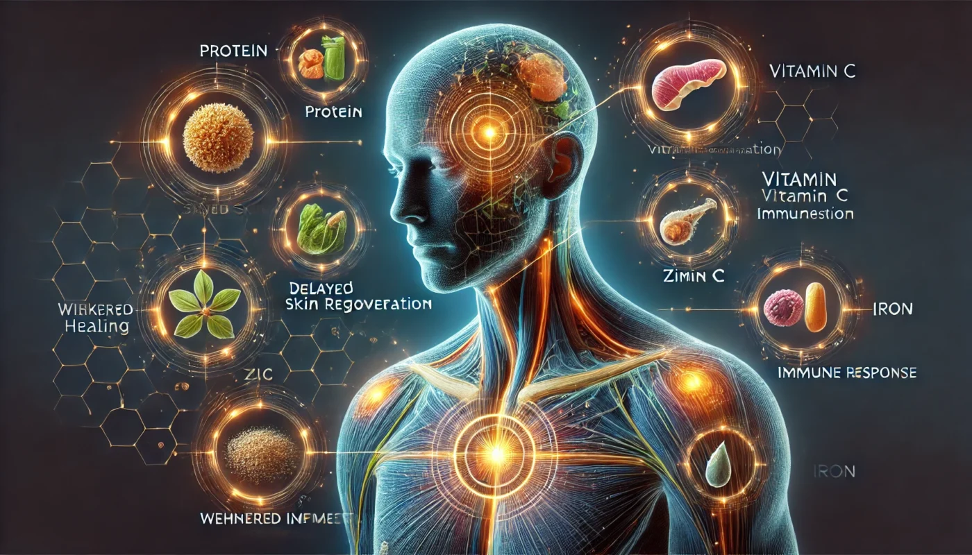 Conceptual Digital Illustration ALT text: "A conceptual digital illustration depicting the effects of nutritional deficiencies on wound healing, highlighting delayed skin regeneration, inflammation, and weakened immune response due to lack of protein, vitamin C, zinc, and iron."