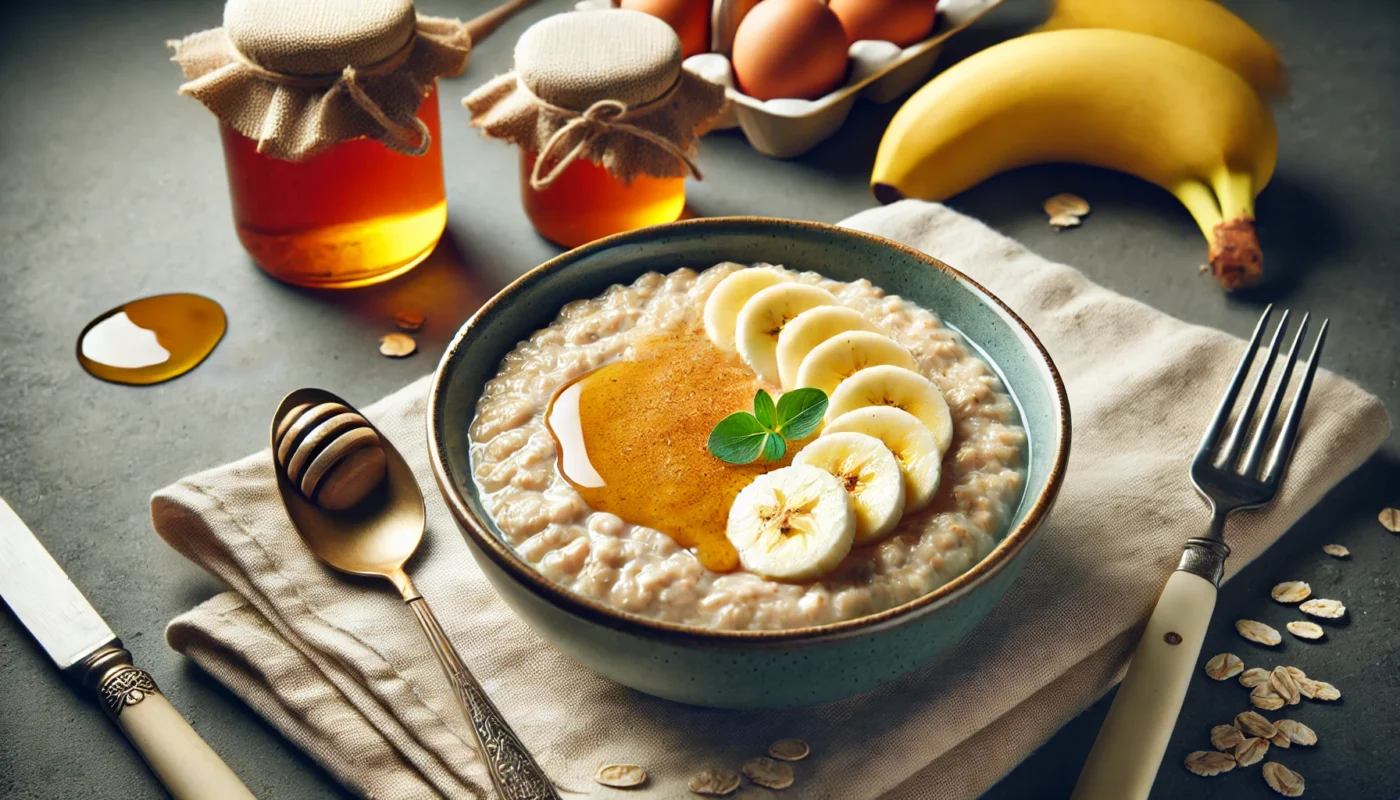 A nourishing bowl of creamy oatmeal topped with banana slices and a drizzle of honey.