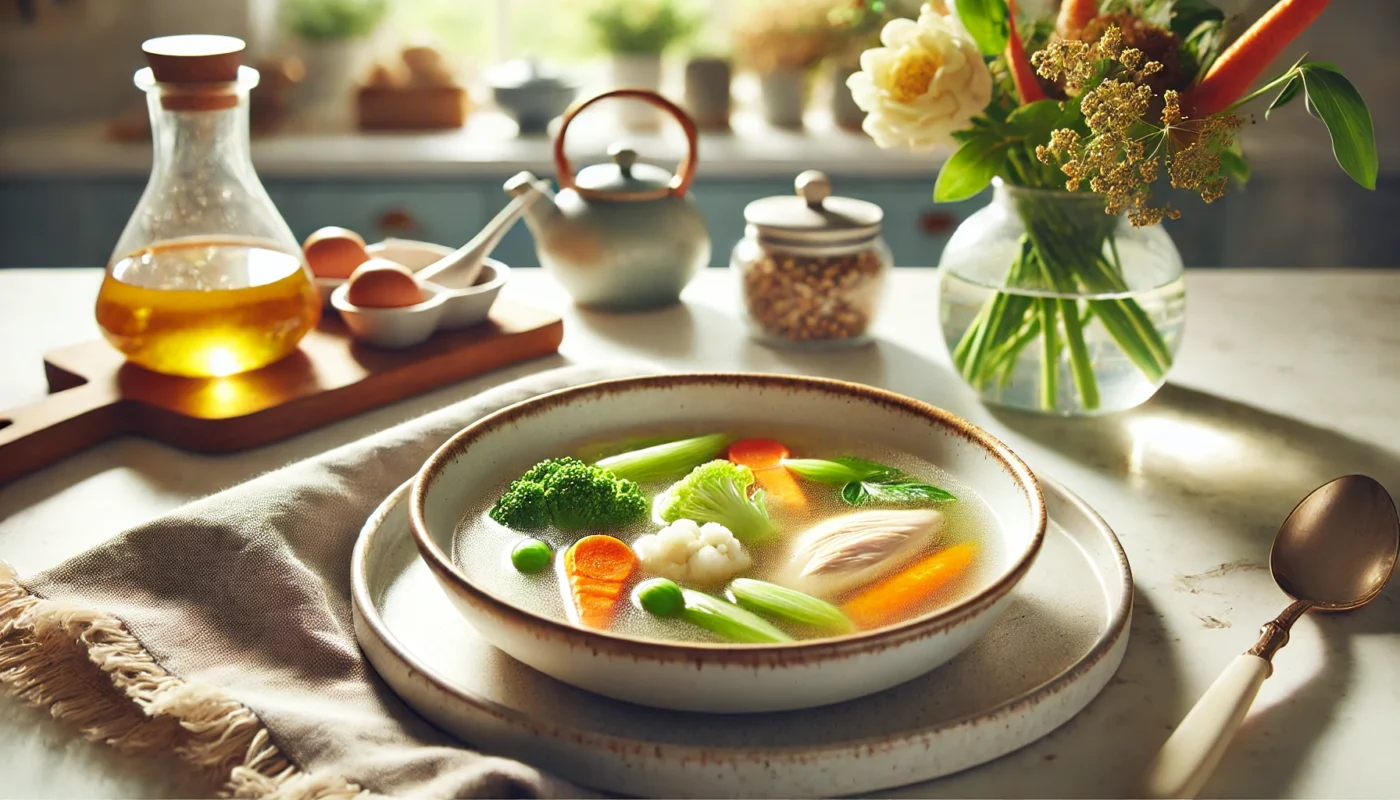 A beautifully plated bowl of clear chicken broth with soft vegetables.