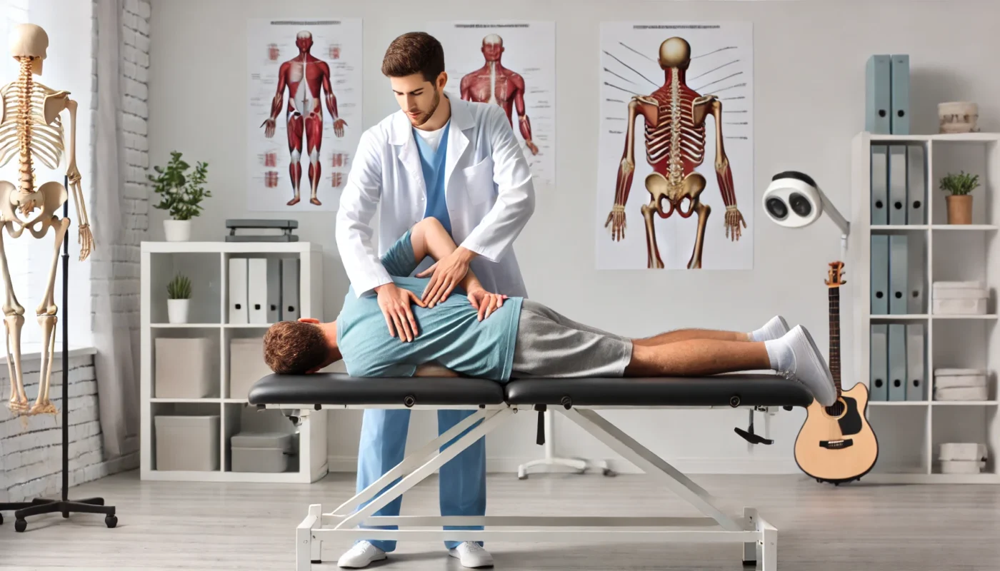 A professional pain therapist assisting a patient with a stretching exercise to relieve chronic back pain in a modern rehabilitation clinic. The well-lit therapy room features anatomical charts, therapy tables, and rehabilitation equipment. The patient appears focused and engaged in the therapy session.