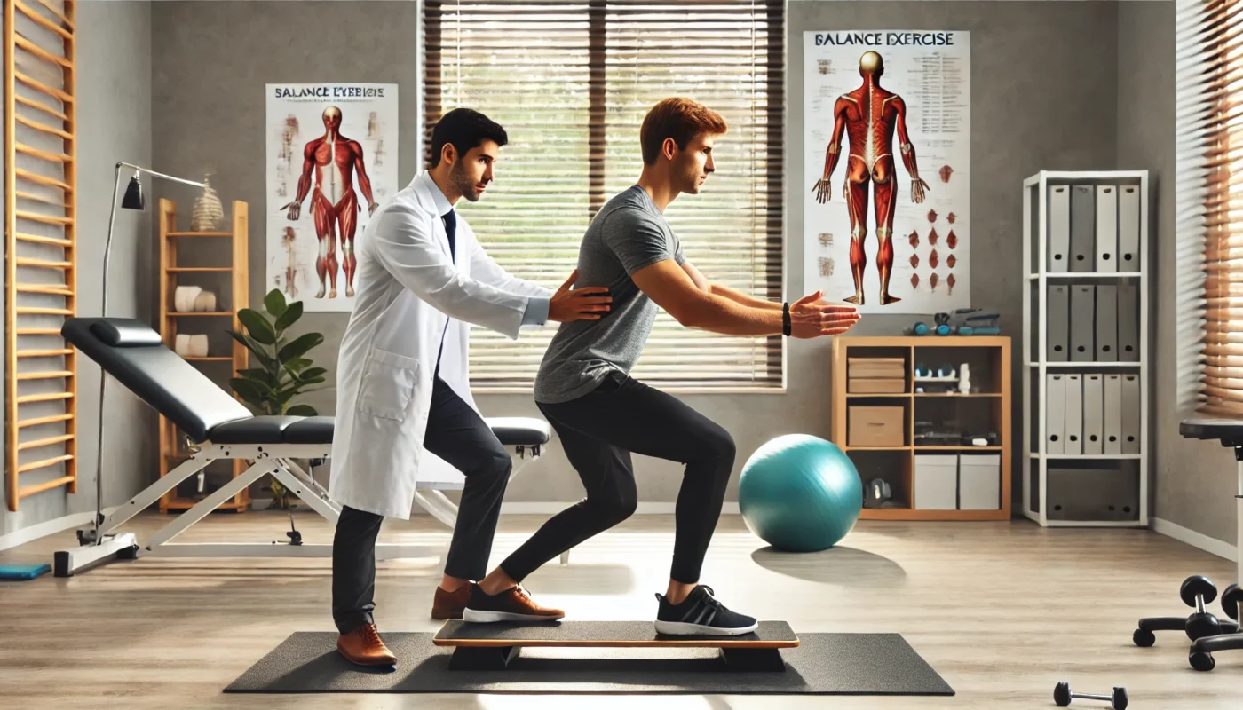 A pain therapist assisting a patient with balance exercises to improve posture and relieve back pain in a professional rehabilitation clinic. The therapist guides the patient through stability exercises using a balance board. The well-lit space includes therapy equipment, exercise mats, and anatomical charts related to musculoskeletal health. The patient appears focused and engaged.