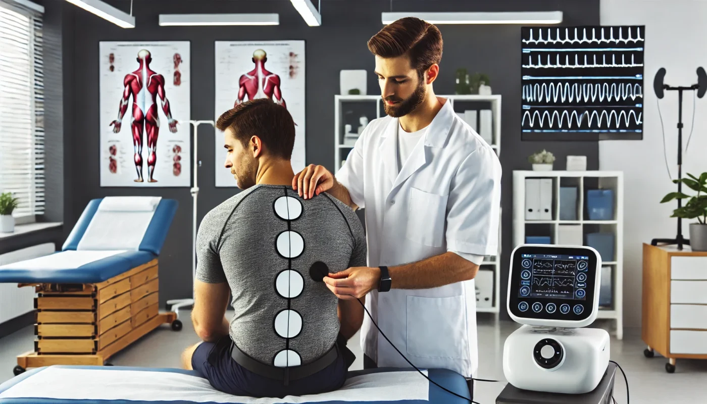 A pain therapist using a TENS (Transcutaneous Electrical Nerve Stimulation) unit to provide pain relief therapy for a patient with chronic back pain in a professional rehabilitation clinic. The therapist carefully places electrode pads on the patient’s lower back while explaining the procedure. The well-lit therapy room includes modern medical equipment, therapy tables, and anatomical charts. The patient appears comfortable and attentive.