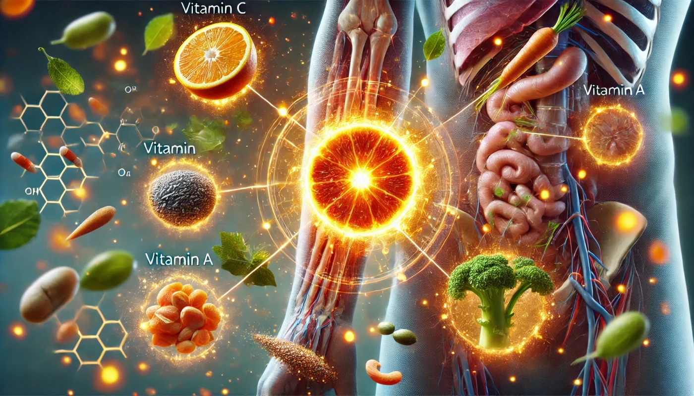 Medical-Themed Illustration: A close-up of a healing wound with a glowing effect, symbolizing the impact of essential nutrients like Vitamin C, Vitamin A, and Zinc in cellular regeneration.