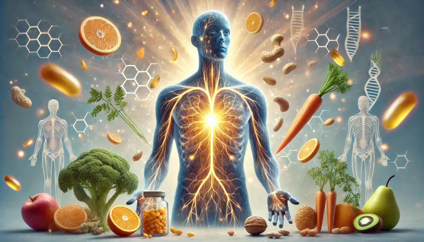 Surreal Digital Painting: A transparent human figure with internal glowing pathways highlighting the effects of key vitamins on wound healing, with floating citrus fruits, carrots, and nuts representing natural sources.