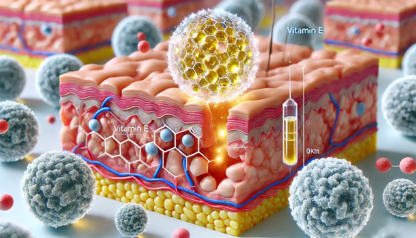 "A medical-themed digital illustration showcasing the benefits of Vitamin E for wound healing, demonstrating cellular repair, collagen synthesis, and inflammation reduction."