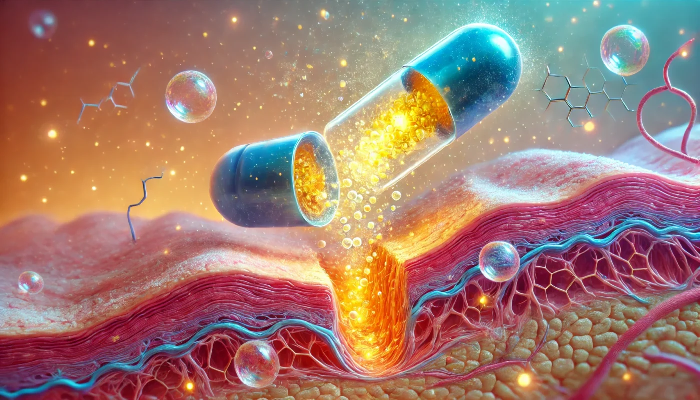 "A surreal digital painting illustrating the role of Vitamin E in wound healing, featuring a glowing Vitamin E capsule dissolving over regenerating skin tissue."