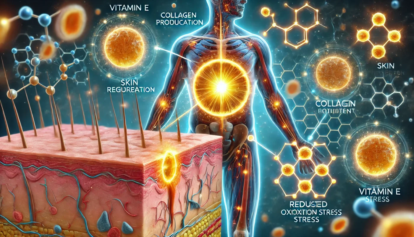 "A conceptual digital illustration depicting the effects of Vitamin E on wound healing, highlighting skin regeneration, collagen production, and antioxidant benefits."