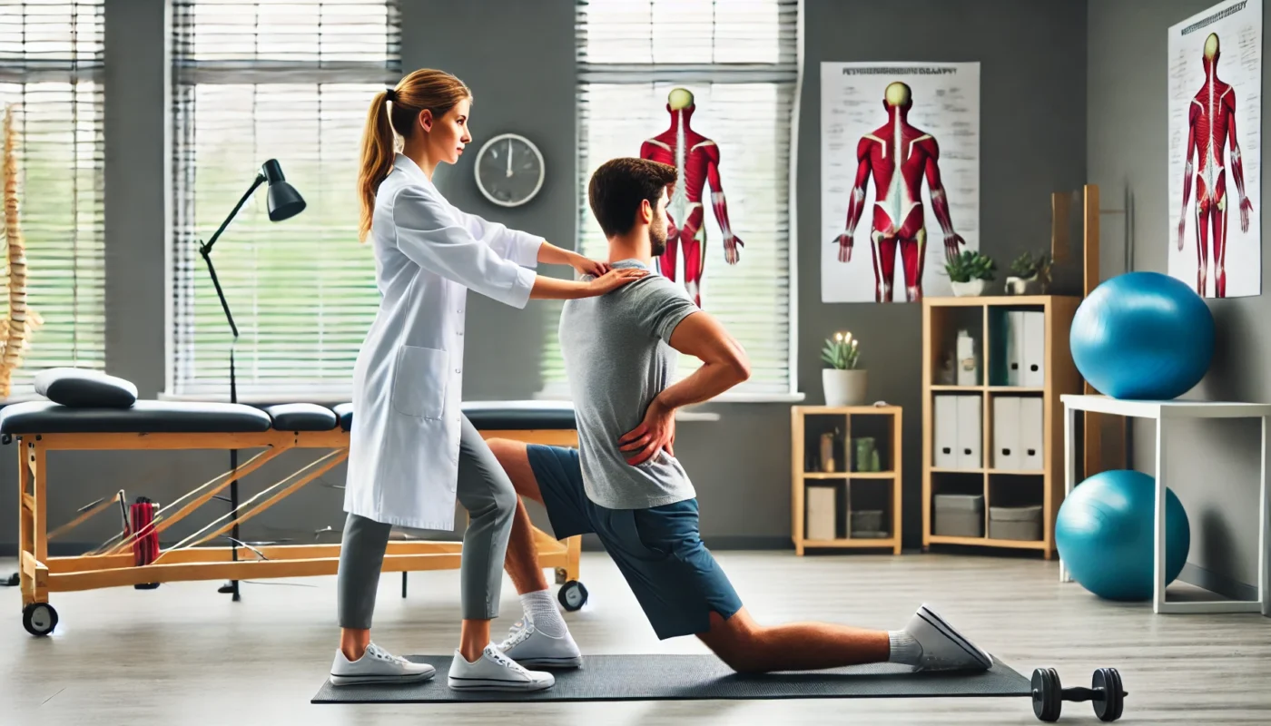 A professional pain therapist assisting a patient with a guided stretching routine in a modern rehabilitation clinic. The therapist demonstrates a back stretch while the patient follows along on a yoga mat. The well-lit therapy room features exercise equipment, therapy tables, and anatomical charts related to musculoskeletal health. The patient appears focused and engaged in the session.