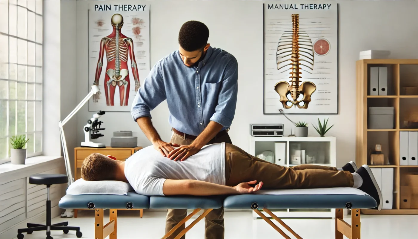 A pain therapist performing manual therapy on a patient’s lower back to relieve chronic pain in a modern rehabilitation clinic. The therapist uses precise hand techniques to apply pressure and improve mobility. The well-lit therapy room features treatment tables, medical equipment, and anatomical charts related to spinal health. The patient appears relaxed and engaged in the therapy session.