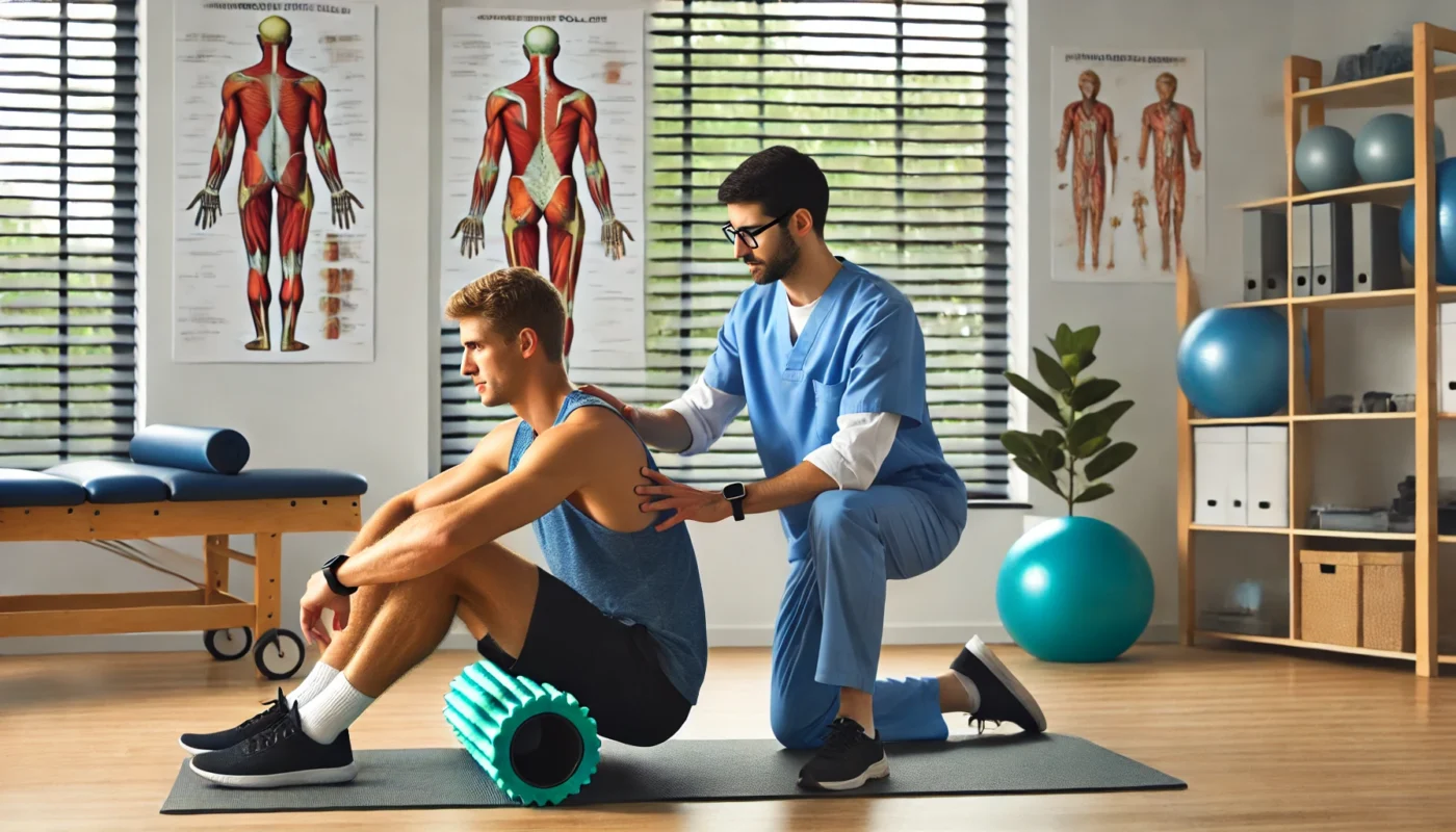 A pain therapist assisting a patient with guided foam rolling exercises to relieve back pain in a modern rehabilitation clinic. The therapist demonstrates the proper technique while the patient follows along on a yoga mat. The well-lit therapy room features exercise equipment, foam rollers, and anatomical charts related to musculoskeletal health. The patient appears focused and engaged.