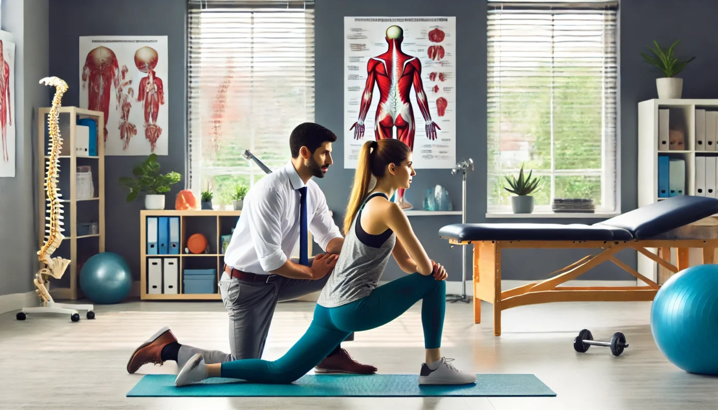 A pain therapist guiding a patient through a targeted stretching routine to relieve back pain in a modern rehabilitation clinic. The therapist demonstrates a lower back stretch while the patient follows along on a yoga mat. The well-lit therapy room features exercise equipment, therapy tables, and anatomical charts related to musculoskeletal health. The patient appears focused and engaged.