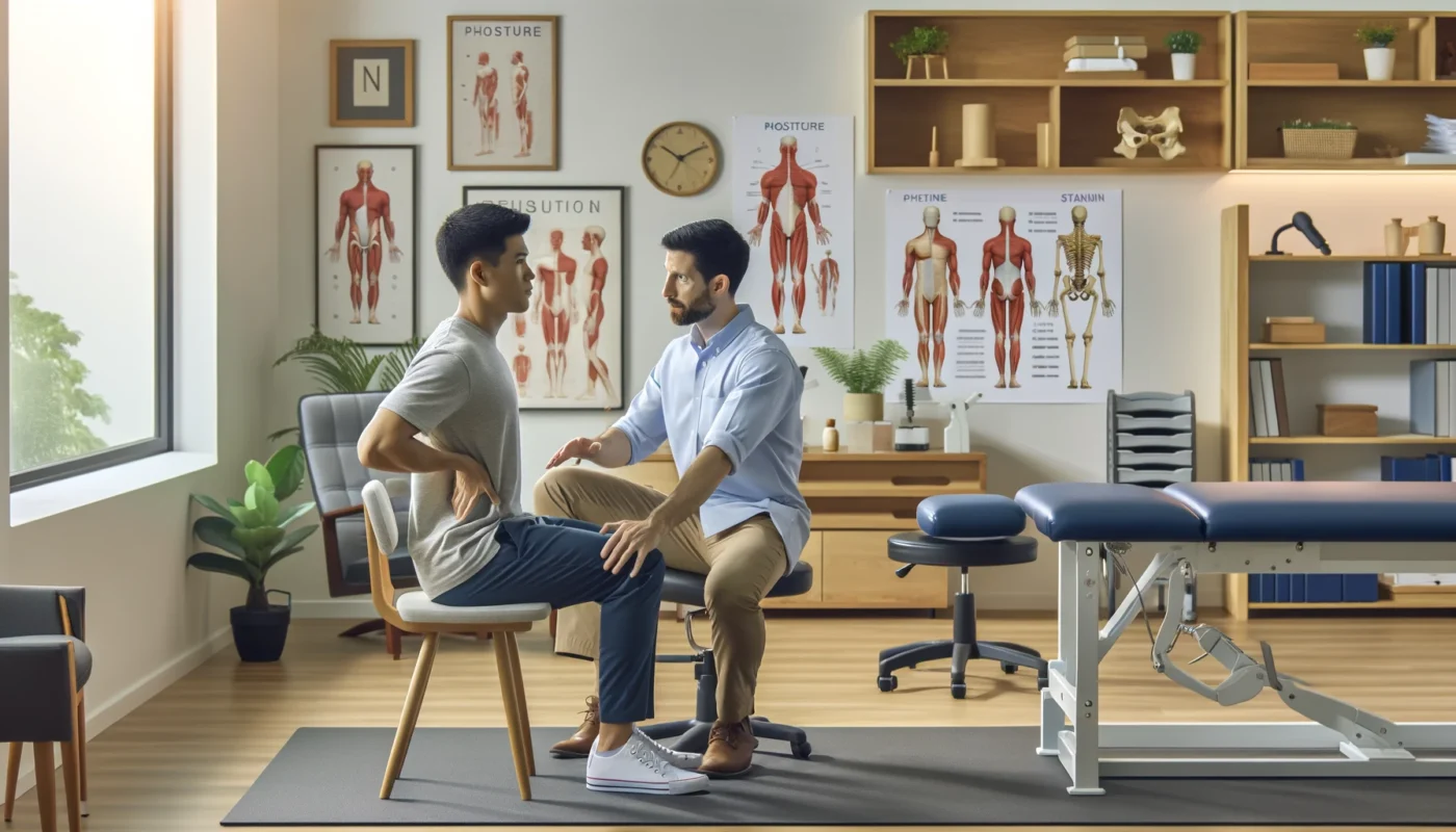 A pain therapist assisting a patient with posture correction exercises to relieve back pain in a professional rehabilitation clinic. The therapist demonstrates proper sitting and standing posture while the patient follows along in front of a mirror. The well-lit therapy room features ergonomic chairs, therapy tables, and anatomical charts related to spinal health. The patient appears engaged and focused.