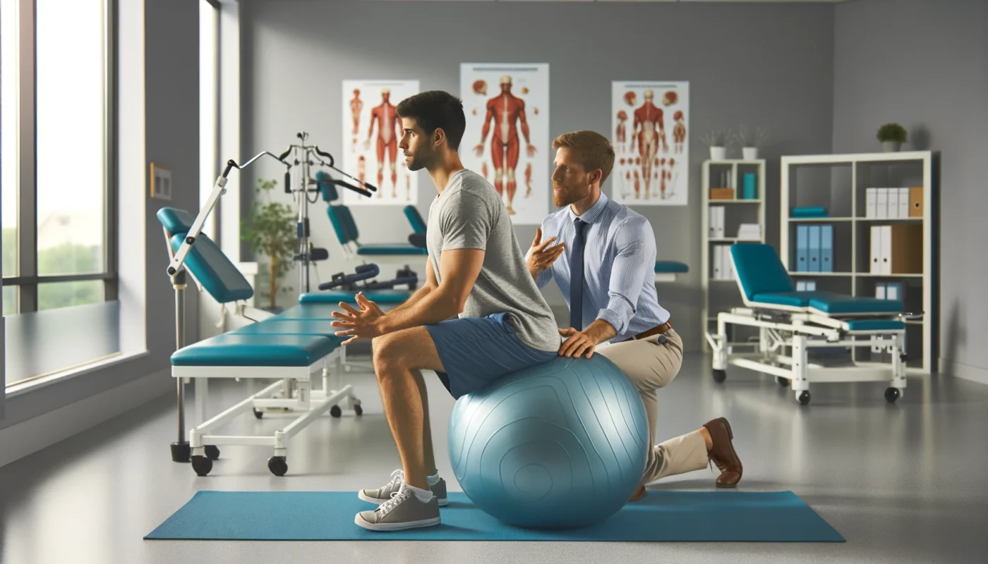 A pain therapist guiding a patient through core-strengthening exercises using a stability ball to improve posture and relieve back pain in a modern rehabilitation clinic. The therapist demonstrates the exercise while the patient follows along. The well-lit therapy room features exercise equipment, therapy tables, and anatomical charts related to musculoskeletal health. The patient appears focused and engaged.
