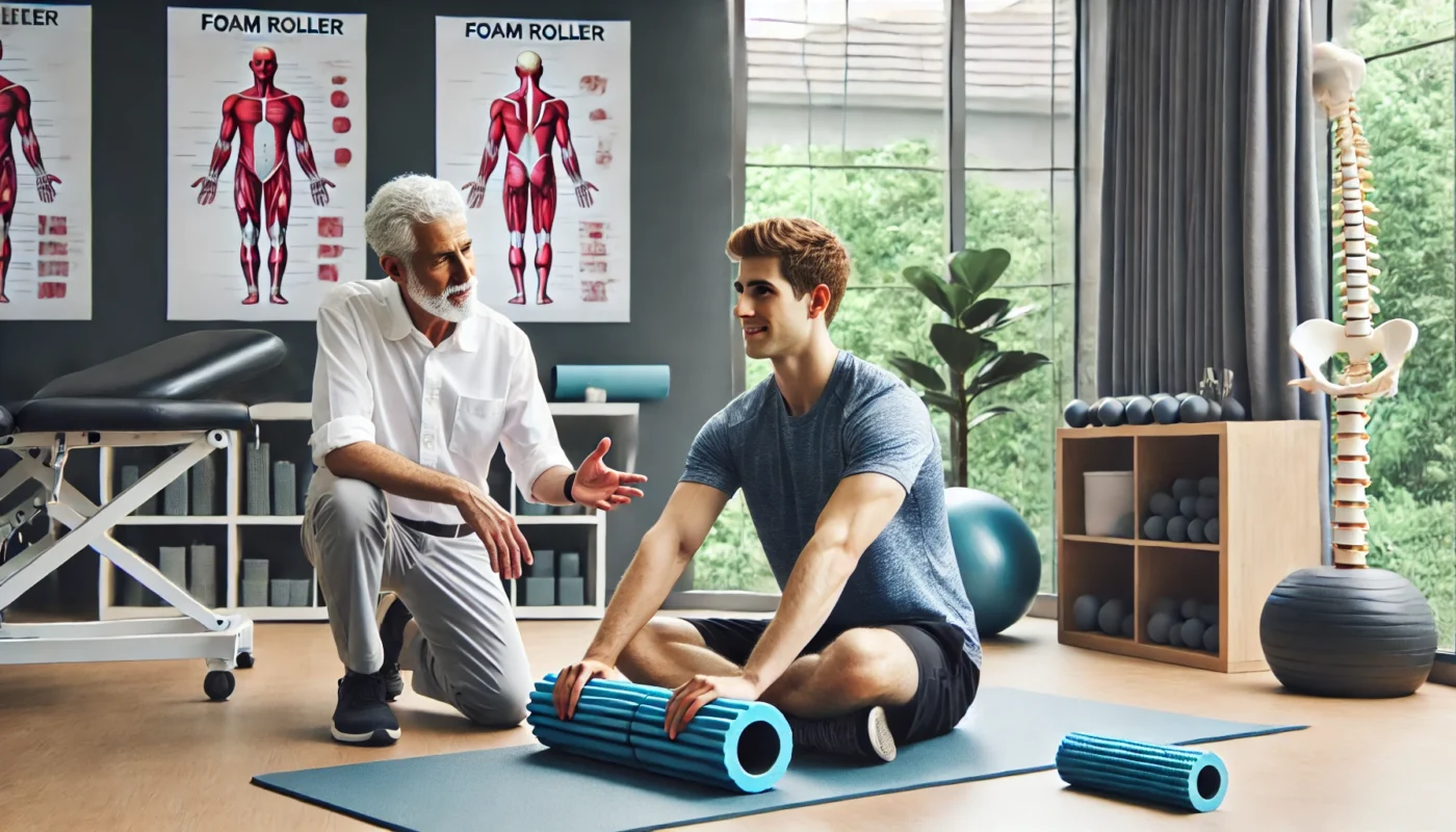 A pain therapist assisting a patient with guided foam rolling exercises to relieve back pain in a modern rehabilitation clinic. The therapist demonstrates the proper technique while the patient follows along on a yoga mat. The well-lit therapy room features exercise equipment, foam rollers, and anatomical charts related to musculoskeletal health. The patient appears focused and engaged.