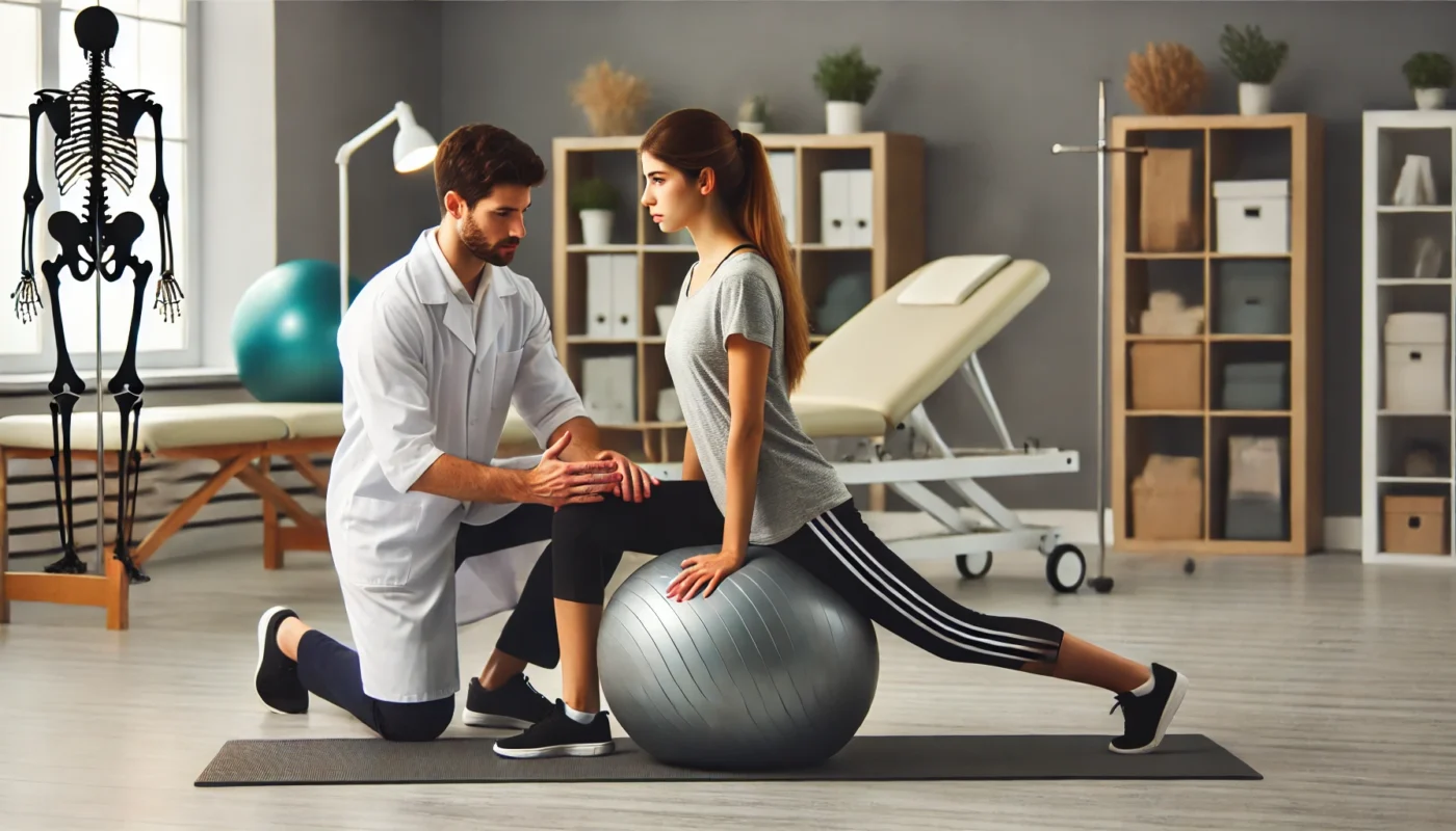 A pain therapist guiding a patient through a core-strengthening routine designed to enhance posture and alleviate chronic back pain in a well-equipped therapy center.
