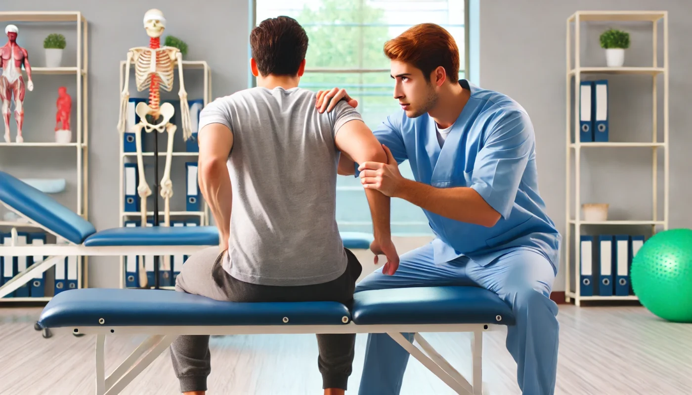 A professional pain therapist assisting a patient with therapeutic exercises in a well-equipped rehabilitation center. The therapist is demonstrating a stretching technique to help alleviate chronic pain. The patient is engaged in the exercise, following the therapist’s guidance in a bright and professional clinical setting.