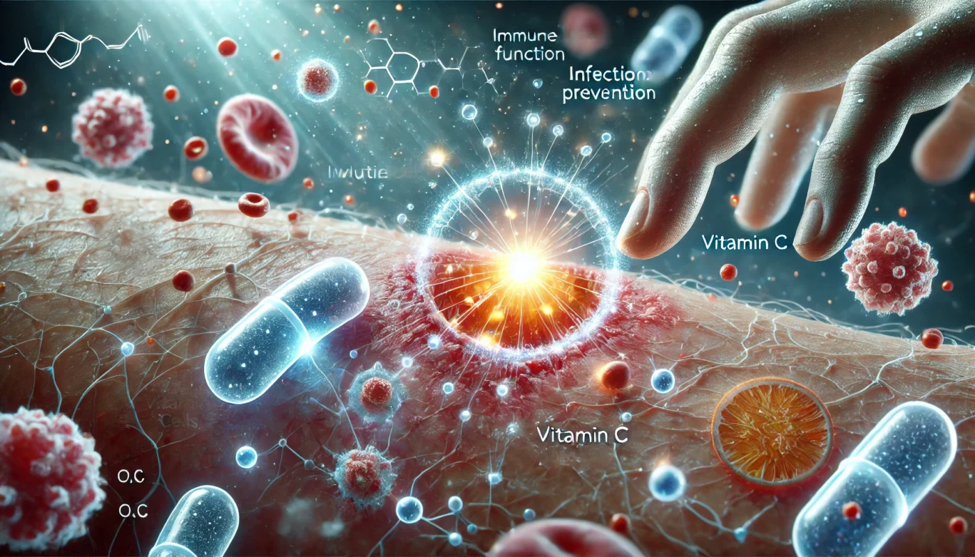 Image 3: Immune Function and Infection Prevention

ALT text: "A conceptual illustration of immune function in wound healing, depicting white blood cells attacking bacteria with vitamin C molecules enhancing immune response and preventing infections."