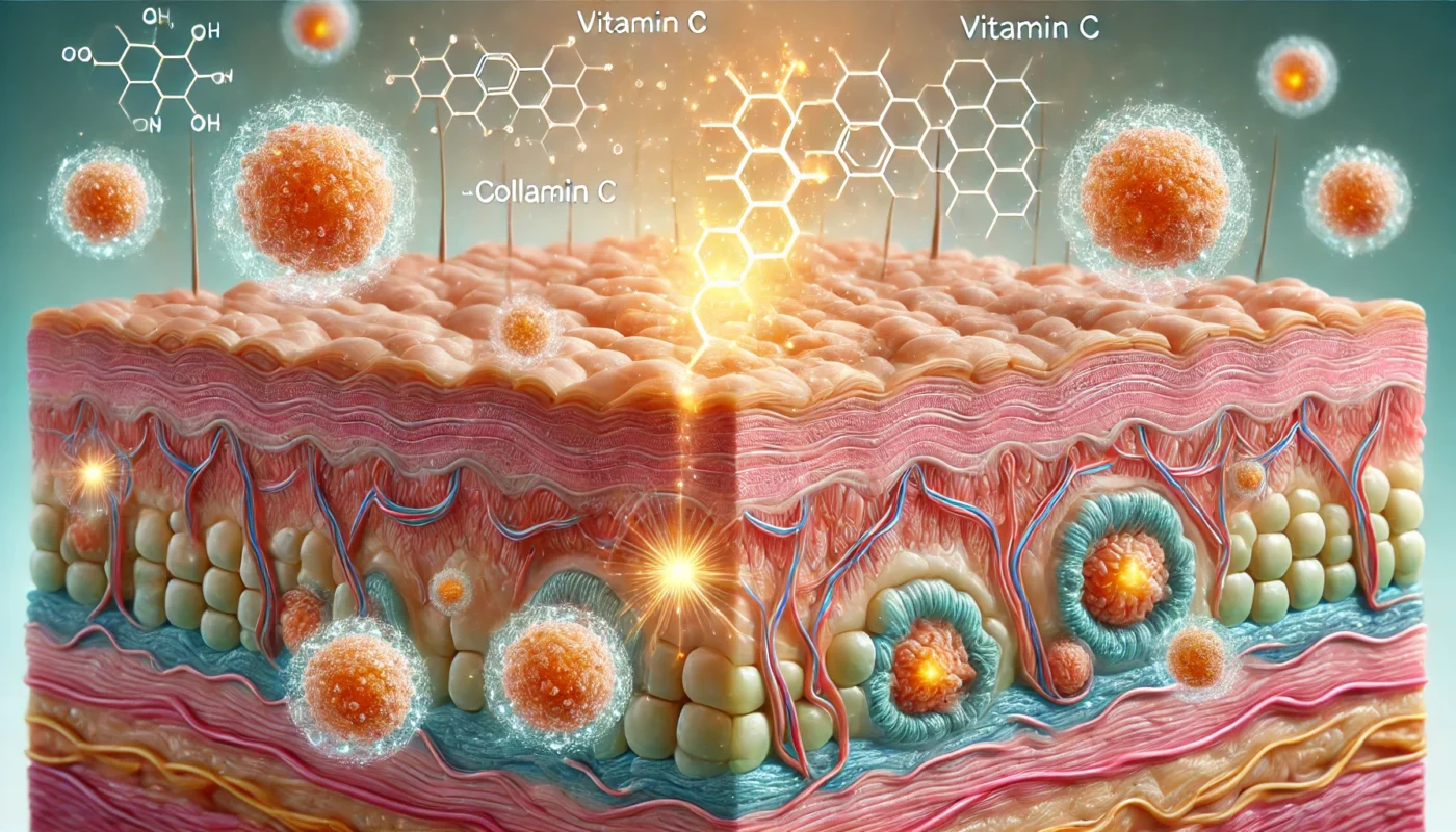 Image 2: Collagen Synthesis in Wound Healing

ALT text: "A detailed medical illustration showing the role of vitamin C in collagen synthesis for wound healing. The image features fibroblasts, collagen fibers, and vitamin C molecules aiding tissue repair."