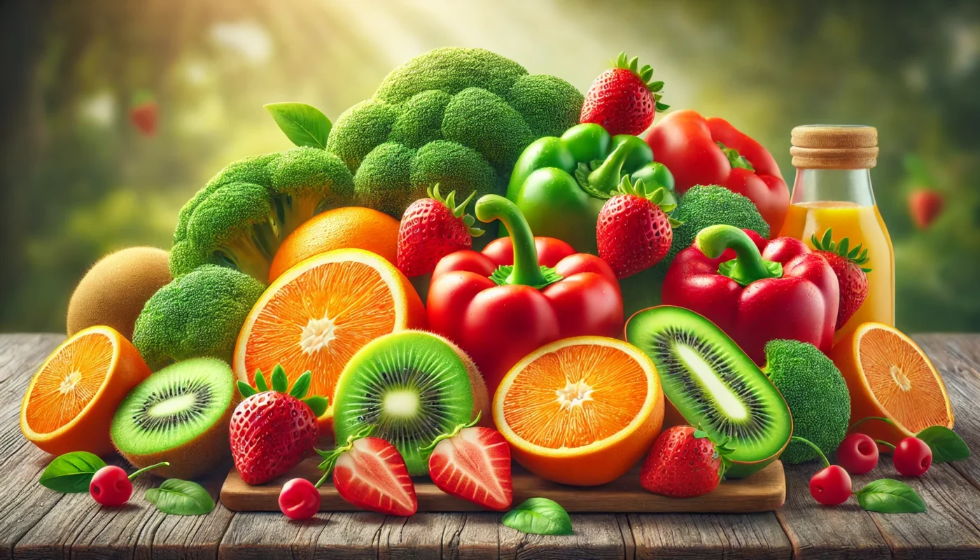 Image 1: Vitamin C-Rich Foods ALT text: "A high-resolution illustration of vitamin C-rich foods including oranges, kiwi, strawberries, red bell peppers, and broccoli, displayed on a wooden table. These foods support collagen synthesis and wound healing."