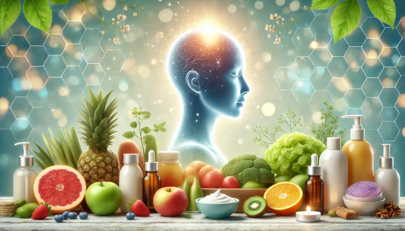 Image 3: Holistic Skin Health

ALT text: "A wellness-themed illustration showcasing holistic skin health with fresh fruits, vegetables, and skincare products in a spa-like setting. A glowing silhouette of a human face emphasizes the benefits of hydration, nutrition, and proper skincare."