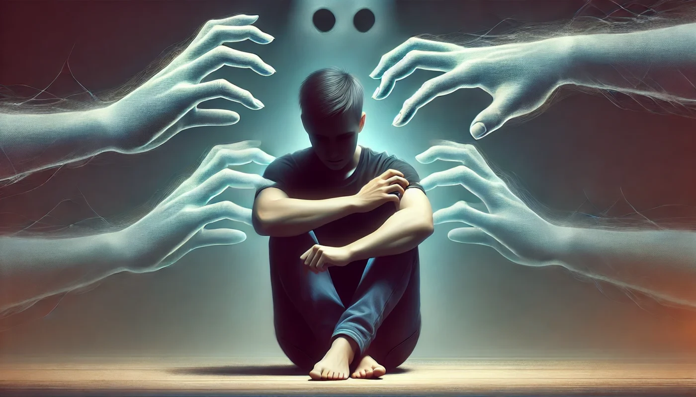 Image 2: Psychological Aspects of Dermatophagia

ALT text: "A conceptual digital illustration depicting the psychological aspects of dermatophagia. A distressed individual sits in a dark space, with ghostly hands symbolizing the compulsive urge to pick at or eat scabs, representing anxiety and stress."