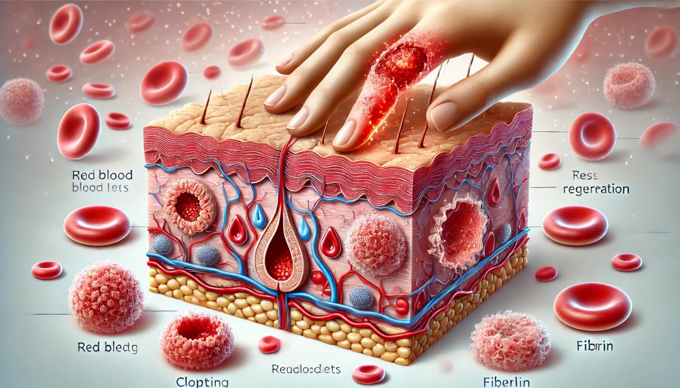 Image 1: Wound Healing Process ALT text: "A detailed medical illustration of the natural wound healing process, showing skin layers, scab formation, clotting, and tissue regeneration. The image highlights red blood cells, platelets, and fibrin working together to protect and repair the skin."