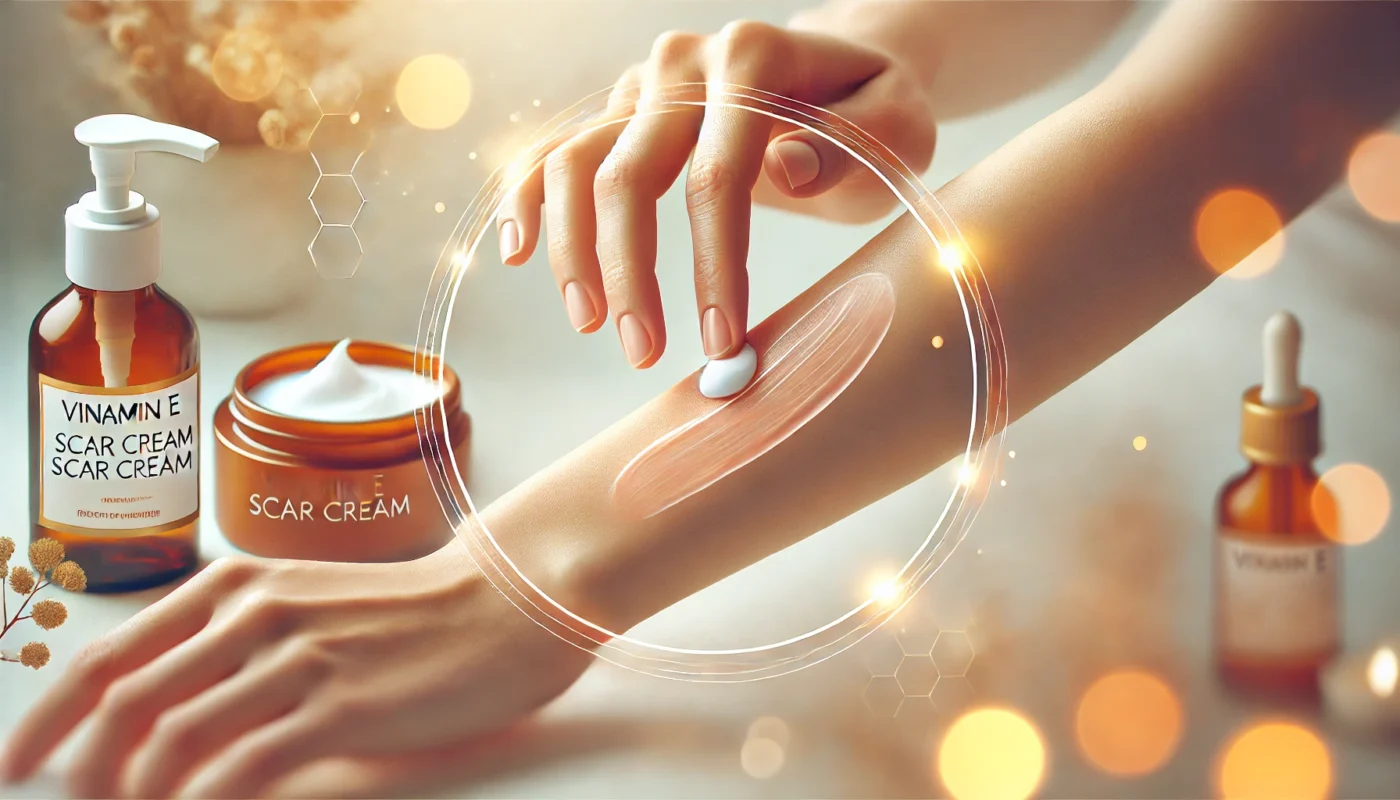 Image 3: Applying Vitamin E Scar Cream

ALT text: "A soothing skincare-themed illustration of a person gently applying vitamin E scar cream to their forearm. The focus is on smooth, hydrated skin with a warm glow, emphasizing healing, self-care, and relaxation."