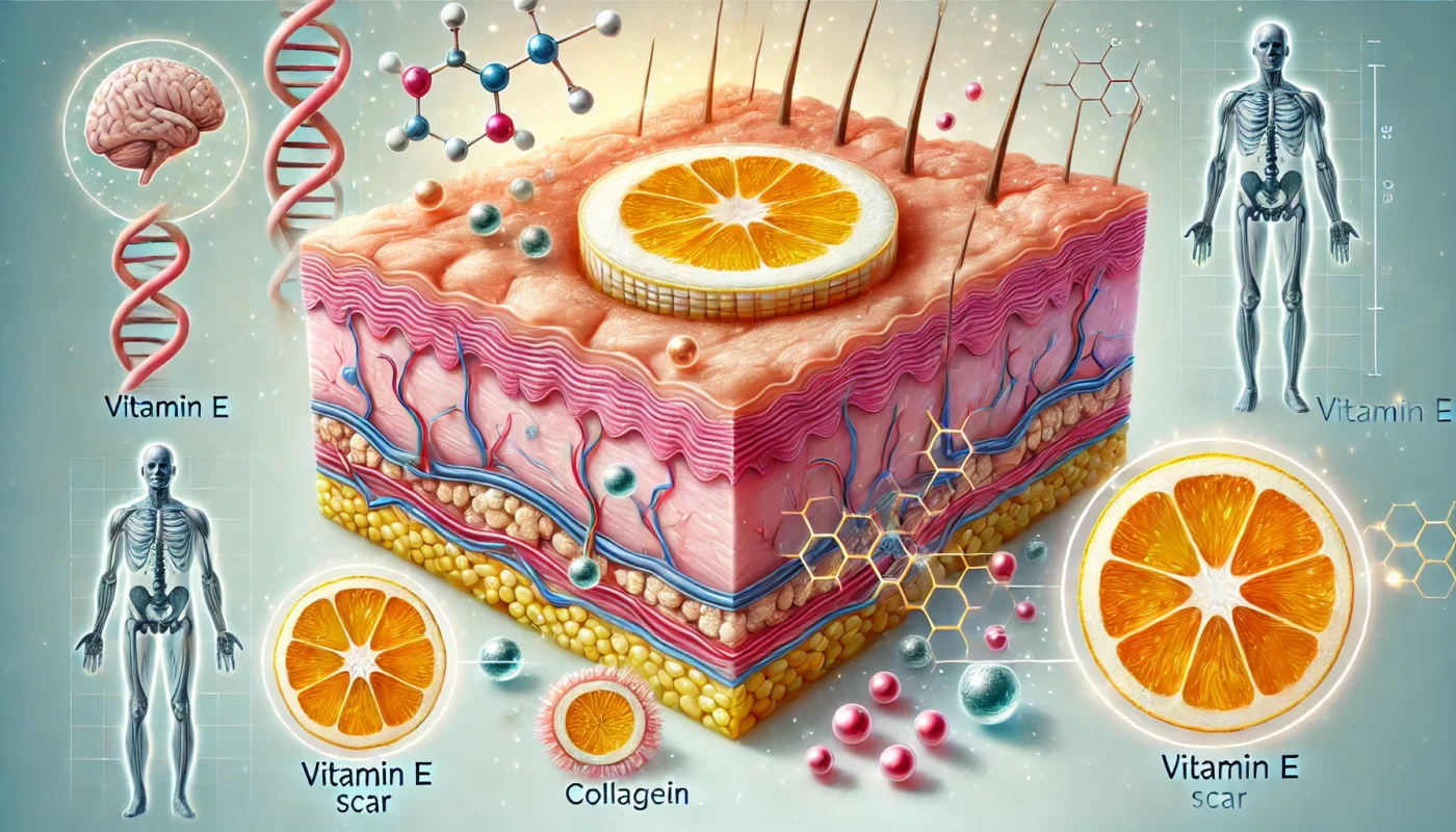 Image 2: Scientific Illustration of Vitamin E Scar Healing

ALT text: "A detailed scientific illustration showcasing how vitamin E aids in scar healing. The image highlights skin layers with a scar being treated, collagen production, and vitamin E molecules interacting with skin cells to promote repair and regeneration."