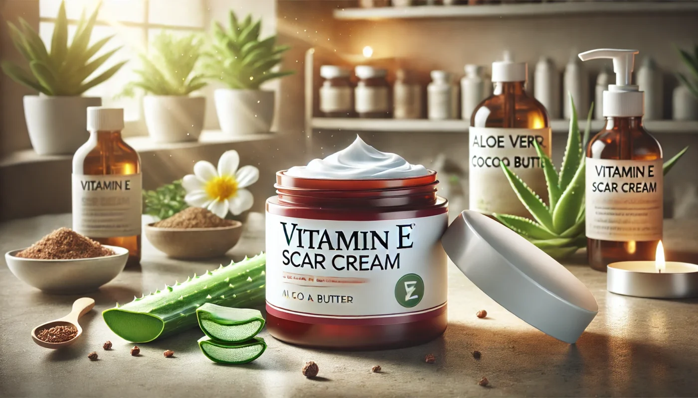 Image 1: Vitamin E Scar Cream and Natural Ingredients ALT text: "A high-quality digital illustration of a vitamin E scar cream container on a clean bathroom counter. The open jar reveals a smooth, rich texture, with aloe vera, cocoa butter, and essential oils arranged in the background, emphasizing skincare and healing benefits."