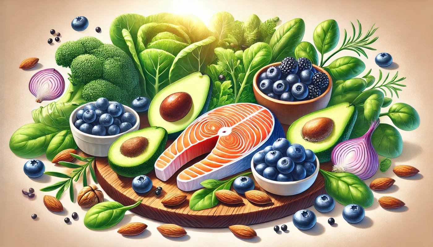 Image 1: Nutrient-Rich Foods for Skin Health ALT text: "A vibrant digital illustration of nutrient-rich foods for healthy skin, including salmon, avocados, almonds, blueberries, and leafy greens. The ingredients are arranged on a wooden board with soft natural lighting, showcasing the best food choices for glowing skin."