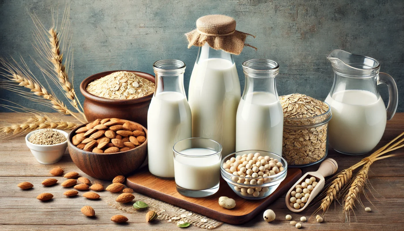 A calm and inviting arrangement of almond milk, oat milk, and soy milk in glass containers on a wooden countertop, surrounded by nuts, oats, and soybeans, showcasing non-inflammatory dairy substitutes.