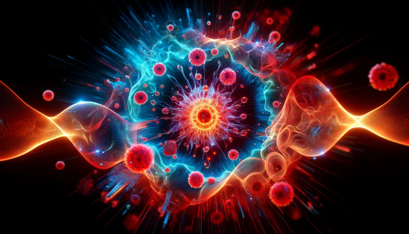 An abstract, text-free representation of the inflammatory response mechanism, showcasing glowing immune cells surrounded by vibrant red and blue light waves symbolizing the interplay between inflammation and healing in the body.