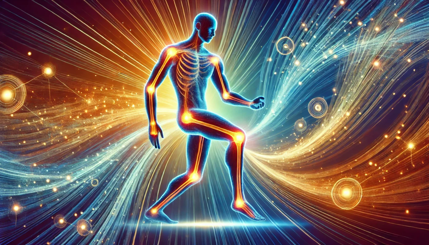 Vibrant illustration of a healthy human figure in motion surrounded by dynamic light trails, symbolizing joint flexibility and vitality, set against a gradient of blue and gold hues reflecting energy and wellness.