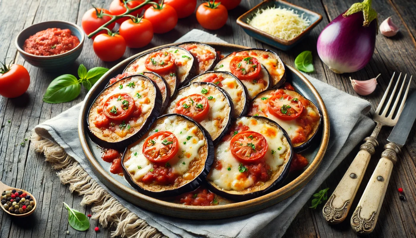 A healthy take on eggplant parmesan with baked eggplant slices, tomato sauce, and a light sprinkle of cheese, placed on a rustic wooden table with fresh tomatoes and herbs in the background.