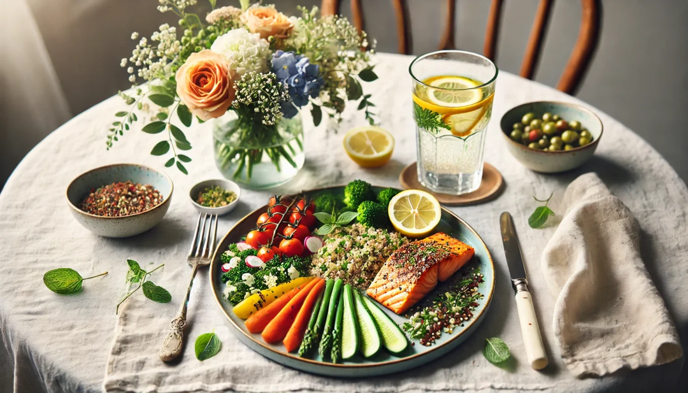 A serene dining table featuring a plated anti-inflammatory meal with vibrant vegetables, quinoa, and grilled salmon. A glass of infused water with lemon and mint enhances the sophisticated and health-conscious ambiance.