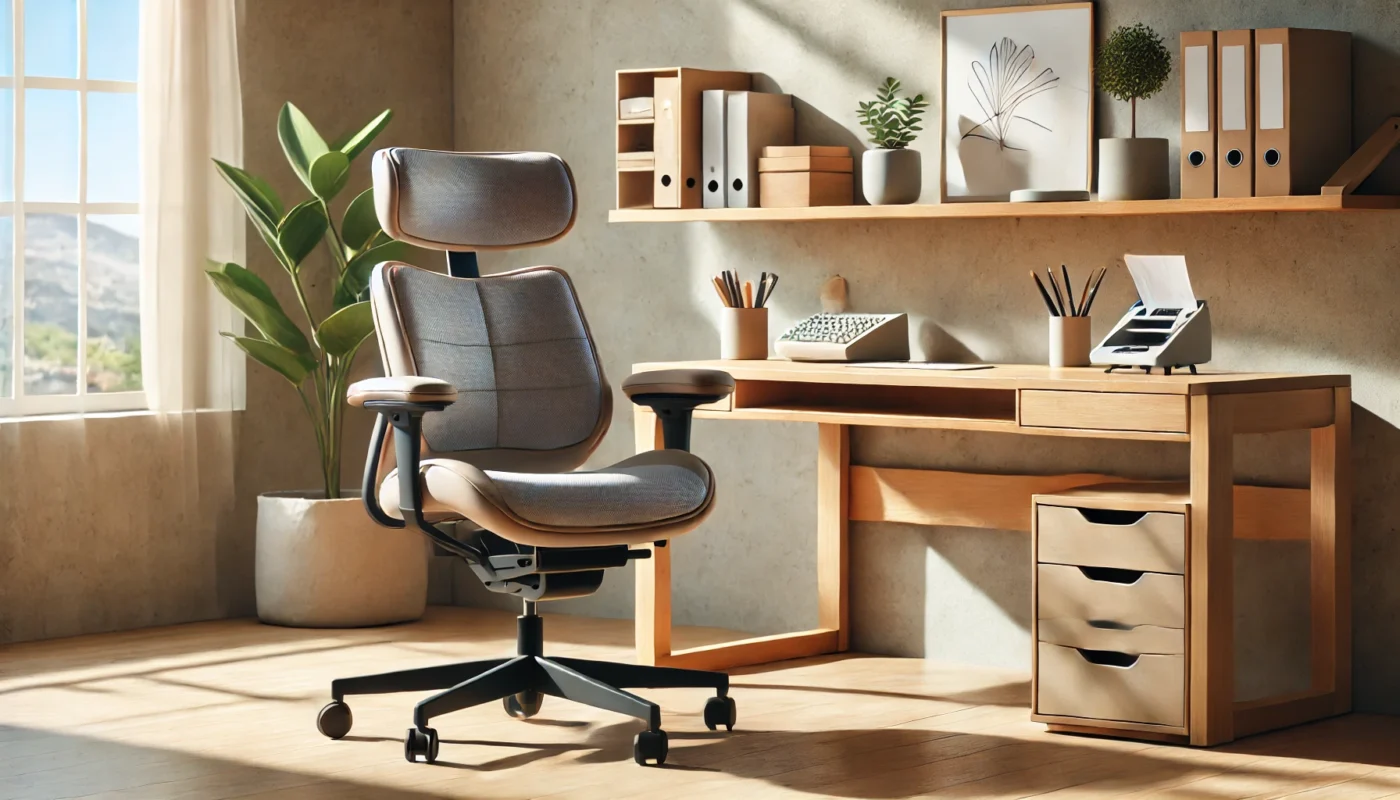 An ergonomic and supportive chair designed specifically for rheumatoid arthritis management, placed in a modern home office with soft natural lighting, ideal for enhancing daily comfort.