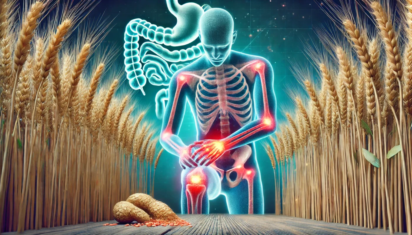 A conceptual illustration showing wheat stalks transitioning into a glowing human figure with red-highlighted inflamed joints, set against a background symbolizing gut health and its connection to joint inflammation.