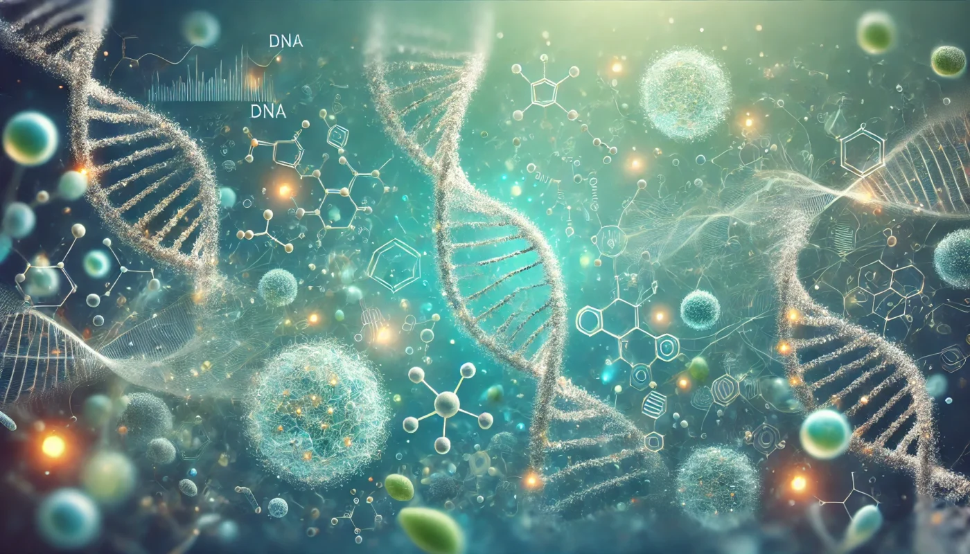 A conceptual visualization of interconnected DNA strands and glowing particles symbolizing genetic predisposition, with subtle environmental elements like chemical structures and microbial shapes in the background. The light blue and green gradient evokes a scientific and calming atmosphere, representing the complex causes of autoimmune and inflammatory diseases.